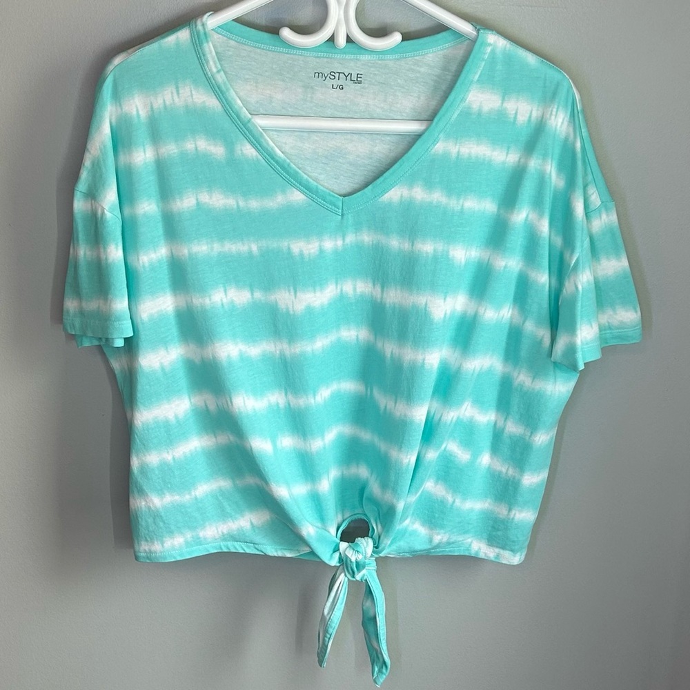 MyStyle Tie Dye Striped Cropped Short Sleeve V Neck Knot Front T Shirt Size L